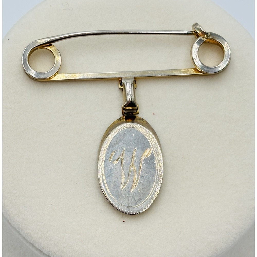 Vintage Bar Brooch Pin Dangle Charm Monogram W Silver Gold Tone Safety Pin Style